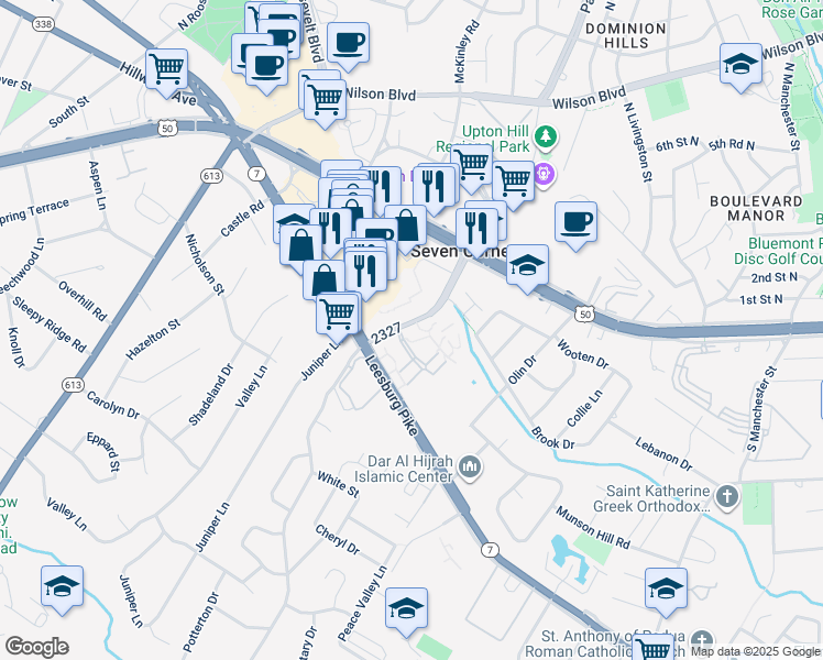 map of restaurants, bars, coffee shops, grocery stores, and more near 3065 Patrick Henry Drive in Falls Church