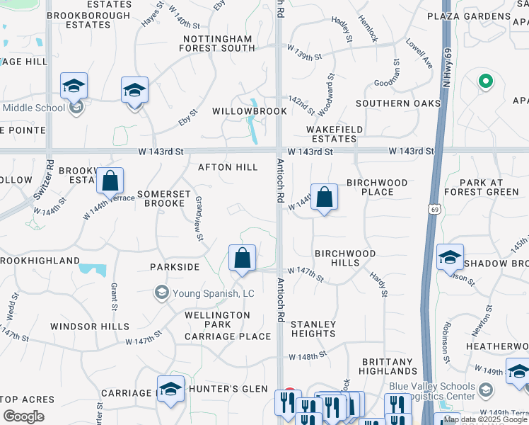 map of restaurants, bars, coffee shops, grocery stores, and more near 14330 Antioch Road in Overland Park