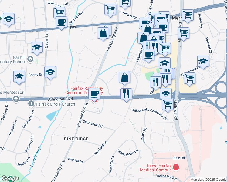 map of restaurants, bars, coffee shops, grocery stores, and more near 8500 Arlington Boulevard in Fairfax