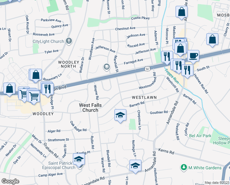 map of restaurants, bars, coffee shops, grocery stores, and more near 6914 Westmoreland Road in Falls Church