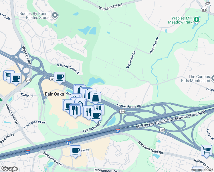 map of restaurants, bars, coffee shops, grocery stores, and more near 11750 Valley Ridge Circle in Fairfax