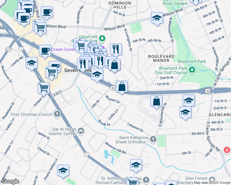 map of restaurants, bars, coffee shops, grocery stores, and more near 6067 Arlington Boulevard in Falls Church