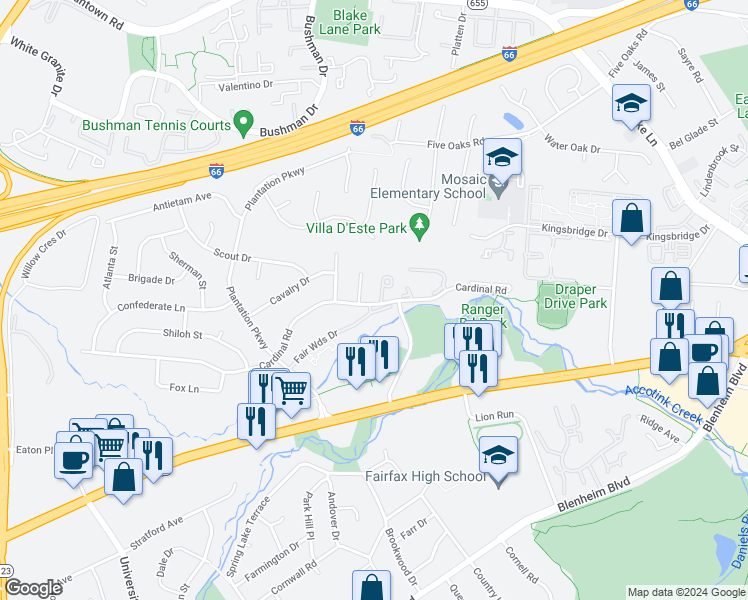 map of restaurants, bars, coffee shops, grocery stores, and more near 10026 Fair Woods Drive in Fairfax