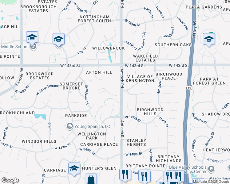 map of restaurants, bars, coffee shops, grocery stores, and more near 14330 Antioch Road in Overland Park