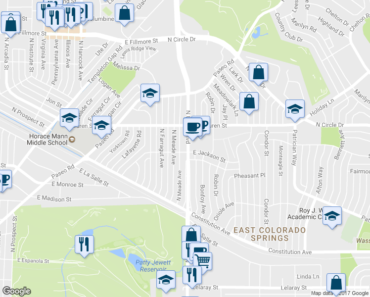 map of restaurants, bars, coffee shops, grocery stores, and more near 2404 N Union Blvd in Colorado Springs