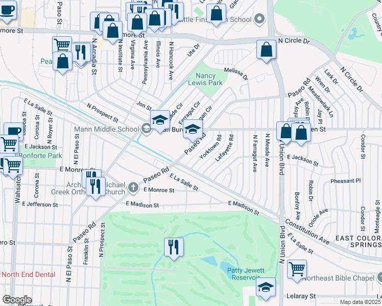 map of restaurants, bars, coffee shops, grocery stores, and more near 2433 Paseo Road in Colorado Springs