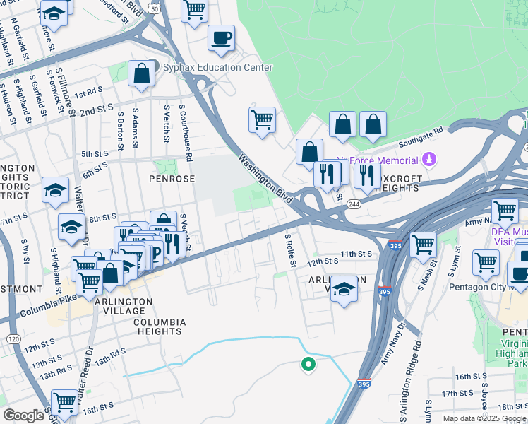 map of restaurants, bars, coffee shops, grocery stores, and more near 1810 9th Street South in Arlington