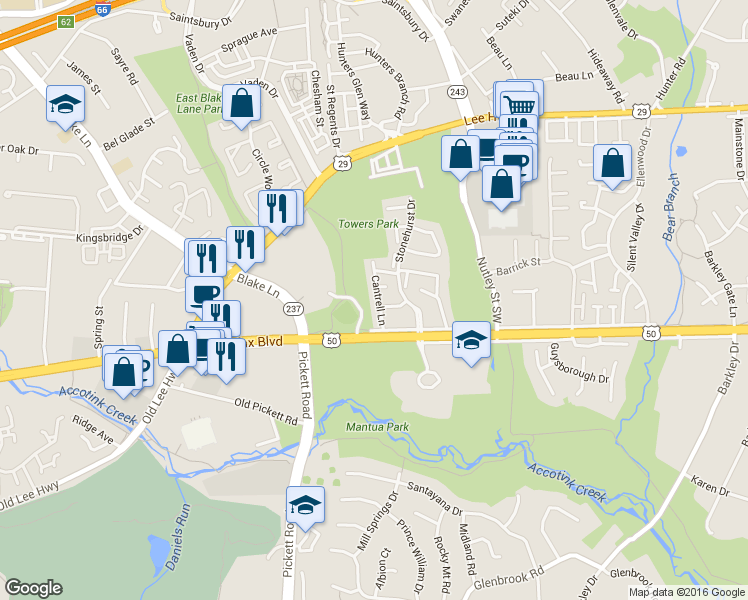 map of restaurants, bars, coffee shops, grocery stores, and more near 3176 Cantrell Lane in Fairfax