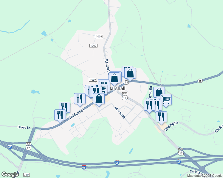 map of restaurants, bars, coffee shops, grocery stores, and more near 8328 West Main Street in Marshall