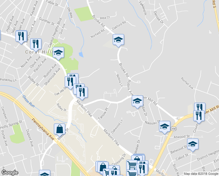 map of restaurants, bars, coffee shops, grocery stores, and more near 1632 Brooksquare Drive in Capitol Heights