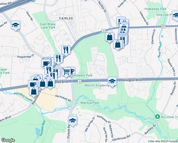 map of restaurants, bars, coffee shops, grocery stores, and more near 3176 Cantrell Lane in Fairfax