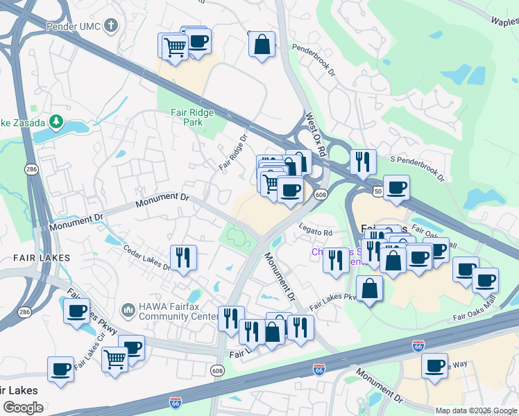 map of restaurants, bars, coffee shops, grocery stores, and more near 12200 Fairfax Towne Center in Fairfax