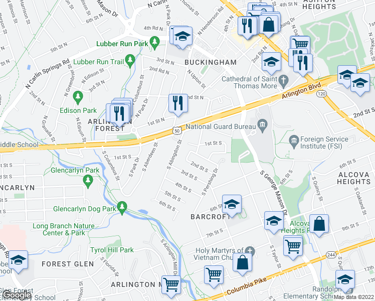map of restaurants, bars, coffee shops, grocery stores, and more near 110 South Woodrow Street in Arlington