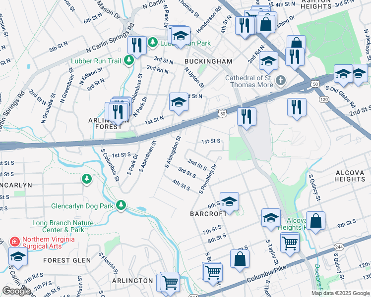 map of restaurants, bars, coffee shops, grocery stores, and more near 110 South Woodrow Street in Arlington