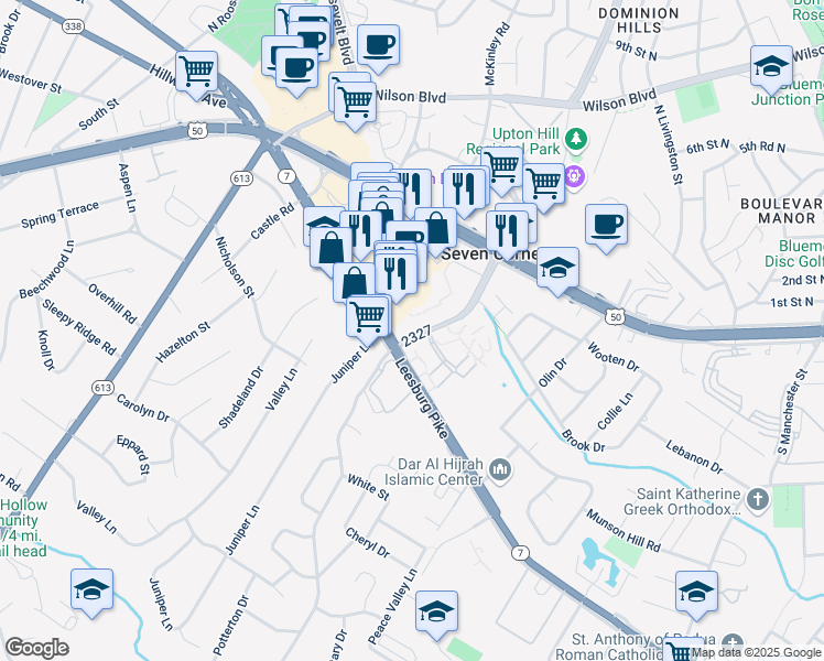 map of restaurants, bars, coffee shops, grocery stores, and more near 3078 Patrick Henry Drive in Falls Church