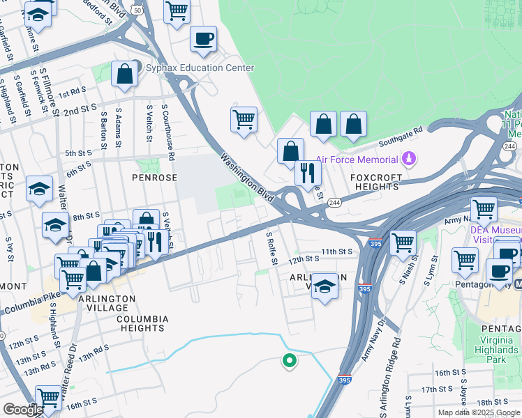 map of restaurants, bars, coffee shops, grocery stores, and more near 907 South Rolfe Street in Arlington