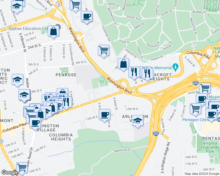 map of restaurants, bars, coffee shops, grocery stores, and more near 905 South Rolfe Street in Arlington
