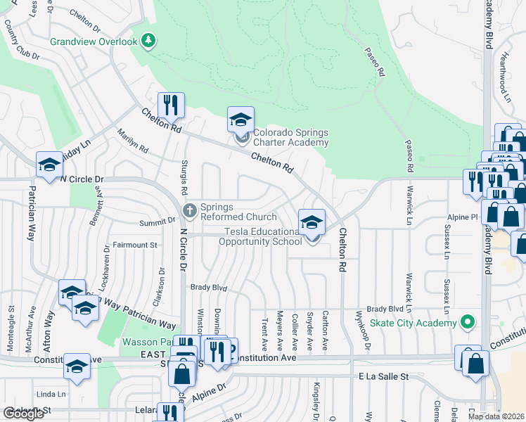 map of restaurants, bars, coffee shops, grocery stores, and more near 3034 Drakestone Drive in Colorado Springs