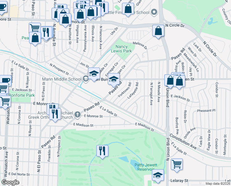 map of restaurants, bars, coffee shops, grocery stores, and more near 2433 Paseo Road in Colorado Springs
