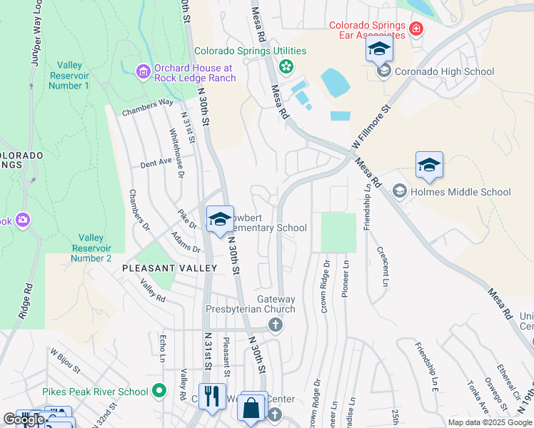 map of restaurants, bars, coffee shops, grocery stores, and more near 1000 Fontmore Road in Colorado Springs