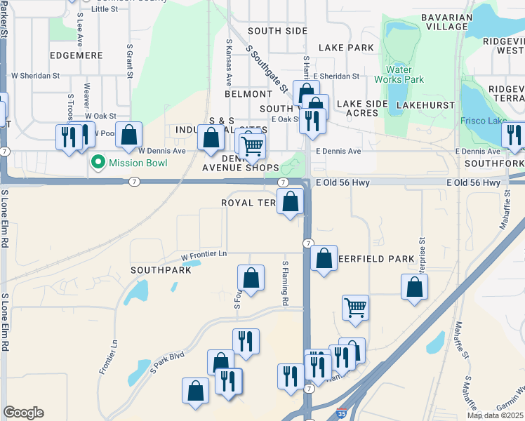 map of restaurants, bars, coffee shops, grocery stores, and more near 205 South Flaming Road in Olathe