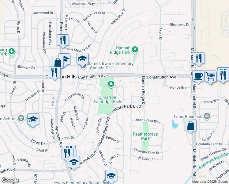 map of restaurants, bars, coffee shops, grocery stores, and more near 2381 Shawnee Drive in Colorado Springs
