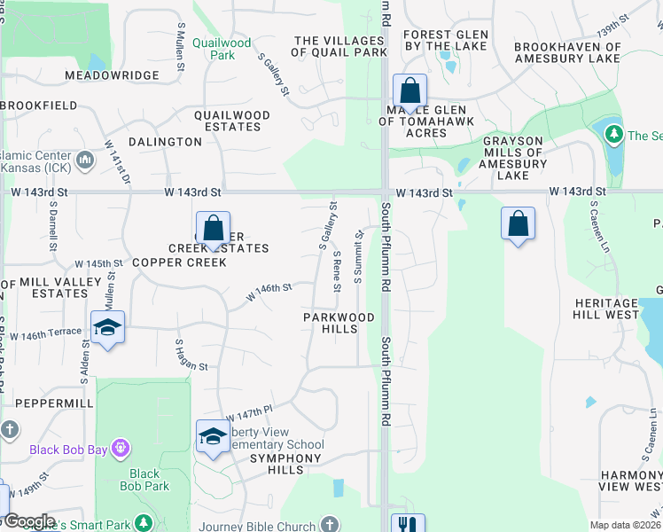 map of restaurants, bars, coffee shops, grocery stores, and more near 14503 South Rene Street in Olathe