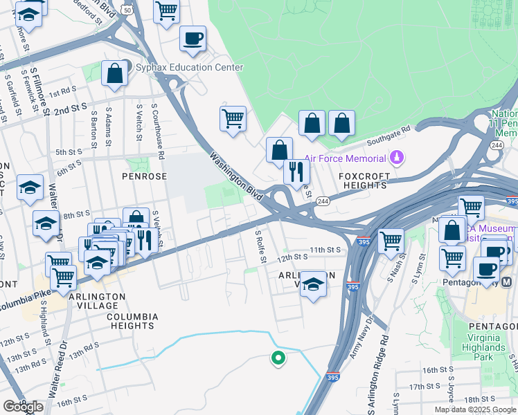 map of restaurants, bars, coffee shops, grocery stores, and more near 947 South Rolfe Street in Arlington