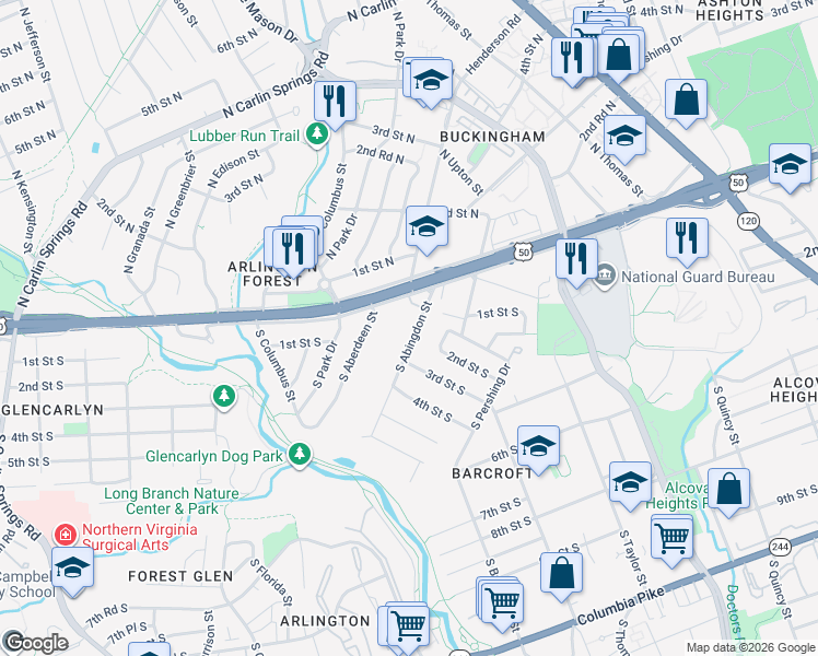 map of restaurants, bars, coffee shops, grocery stores, and more near 138 South Abingdon Street in Arlington