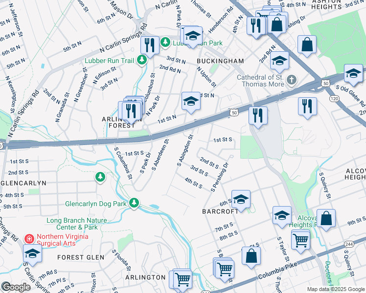 map of restaurants, bars, coffee shops, grocery stores, and more near 138 South Abingdon Street in Arlington