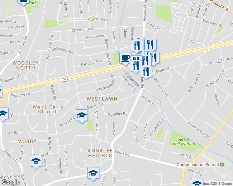 map of restaurants, bars, coffee shops, grocery stores, and more near 6731 Westlawn Drive in Falls Church