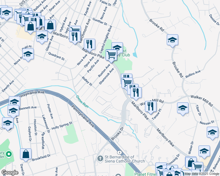map of restaurants, bars, coffee shops, grocery stores, and more near 5001 Lee Jay Court in Capitol Heights