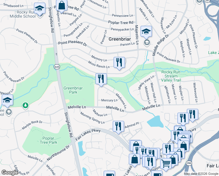 map of restaurants, bars, coffee shops, grocery stores, and more near 13131 Madonna Lane in Fairfax