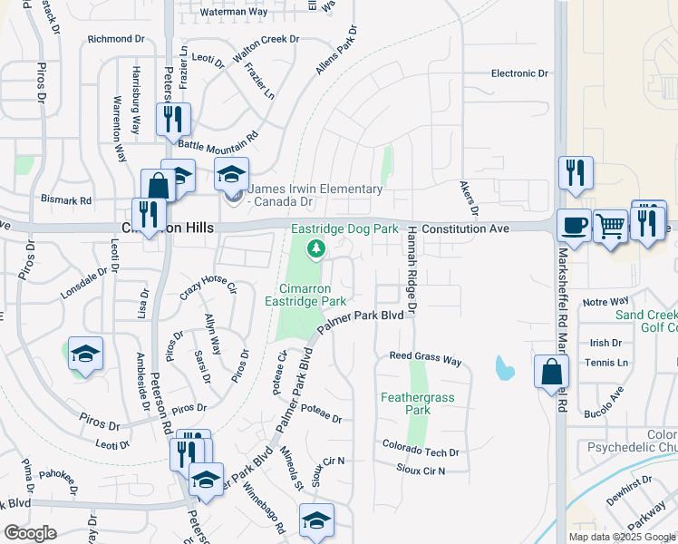 map of restaurants, bars, coffee shops, grocery stores, and more near 2387 Shawnee Drive in Colorado Springs