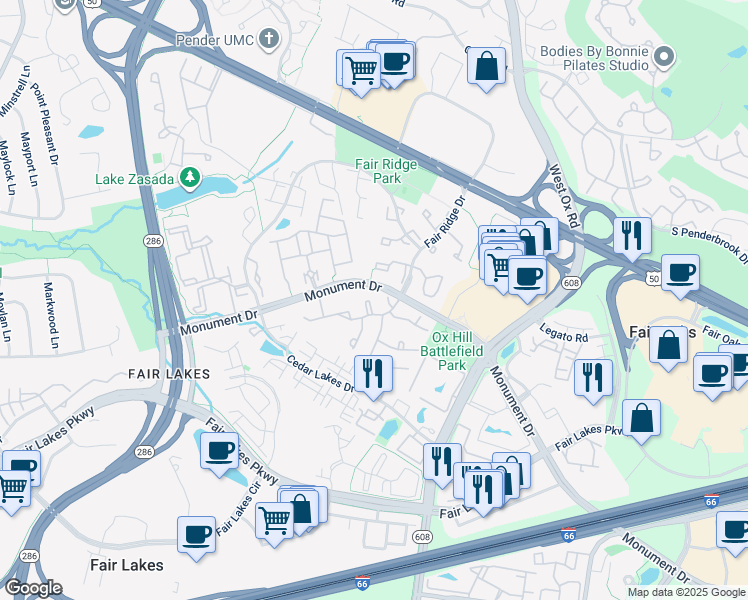 map of restaurants, bars, coffee shops, grocery stores, and more near 12310 Fox Lake Place in Fairfax