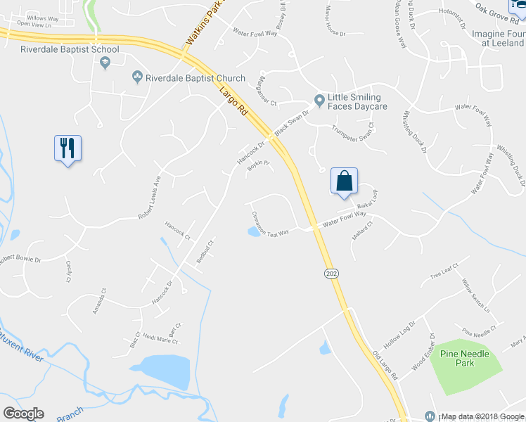 map of restaurants, bars, coffee shops, grocery stores, and more near 1704 Cinnamon Teal Way in Upper Marlboro