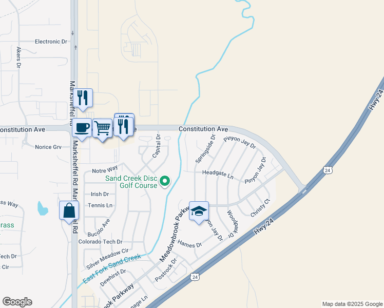 map of restaurants, bars, coffee shops, grocery stores, and more near 8395 Lupan Drive in Colorado Springs