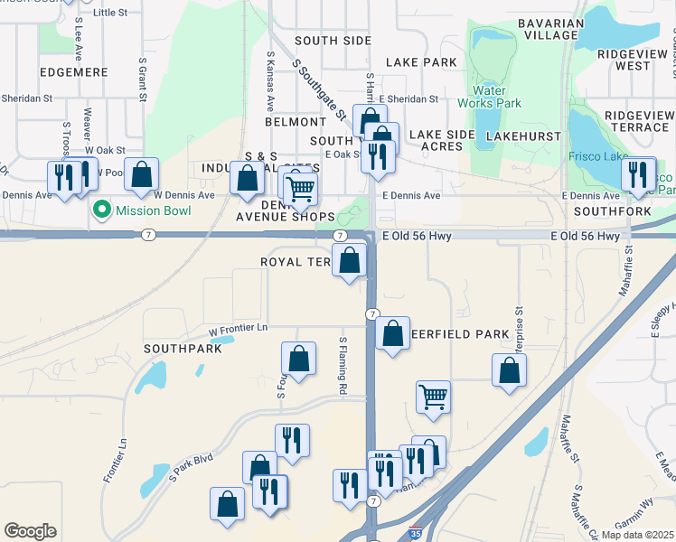 map of restaurants, bars, coffee shops, grocery stores, and more near 205 South Flaming Road in Olathe