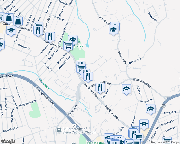 map of restaurants, bars, coffee shops, grocery stores, and more near 1935 Brooks Drive in Capitol Heights
