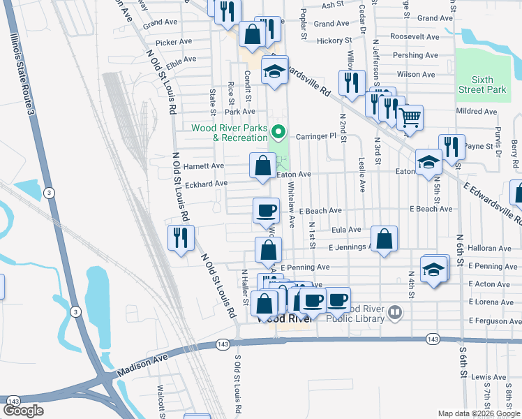 map of restaurants, bars, coffee shops, grocery stores, and more near 21 West Beach Avenue in Wood River