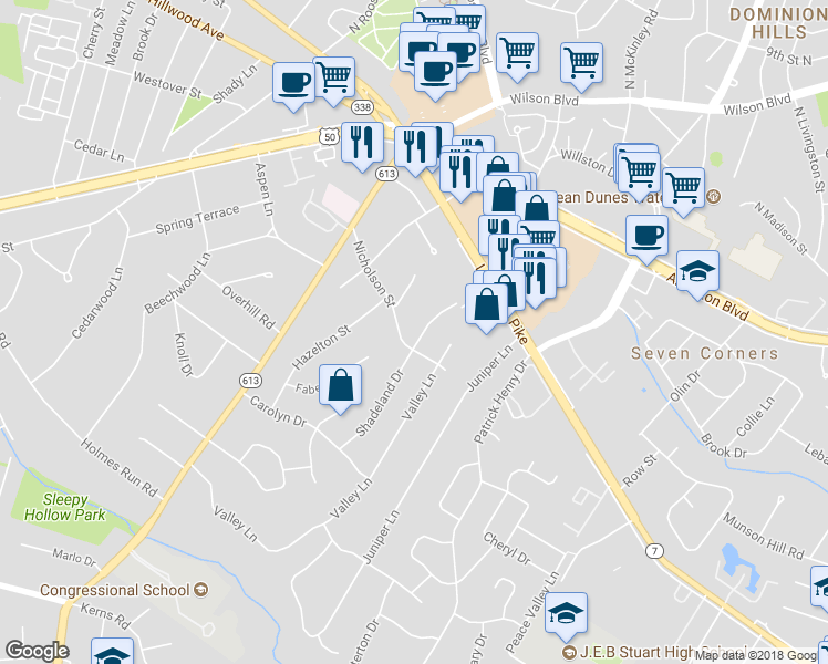 map of restaurants, bars, coffee shops, grocery stores, and more near 3060 Shadeland Drive in Falls Church