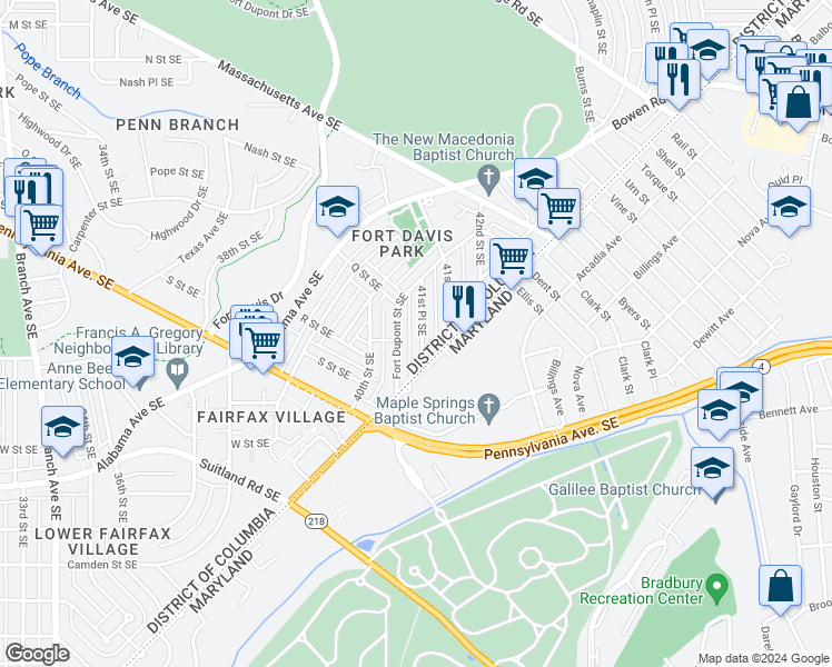 map of restaurants, bars, coffee shops, grocery stores, and more near 1807 41st Place Southeast in Washington