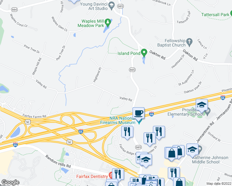 map of restaurants, bars, coffee shops, grocery stores, and more near 11400 Valley Road in Fairfax