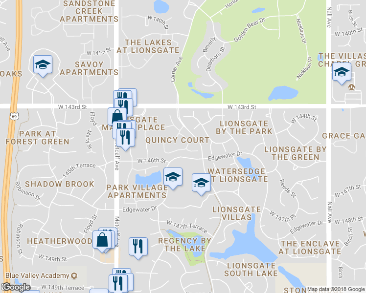 map of restaurants, bars, coffee shops, grocery stores, and more near 6404 West 145th Street in Overland Park