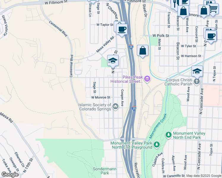 map of restaurants, bars, coffee shops, grocery stores, and more near 2326 North Chestnut Street in Colorado Springs