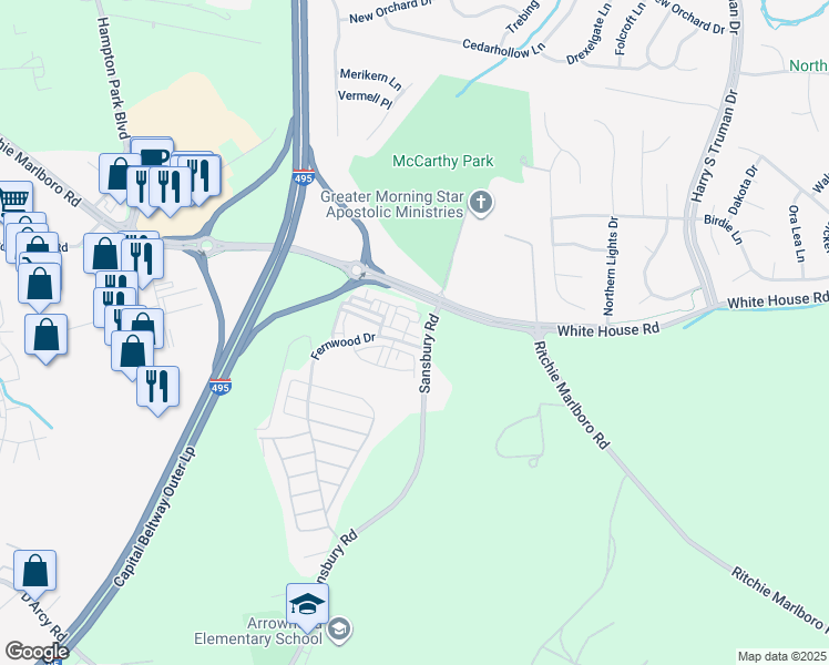 map of restaurants, bars, coffee shops, grocery stores, and more near 9807 Weshire drive in Upper Marlboro