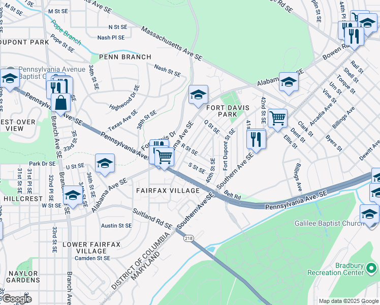 map of restaurants, bars, coffee shops, grocery stores, and more near 1700 Fort Davis Street Southeast in Washington