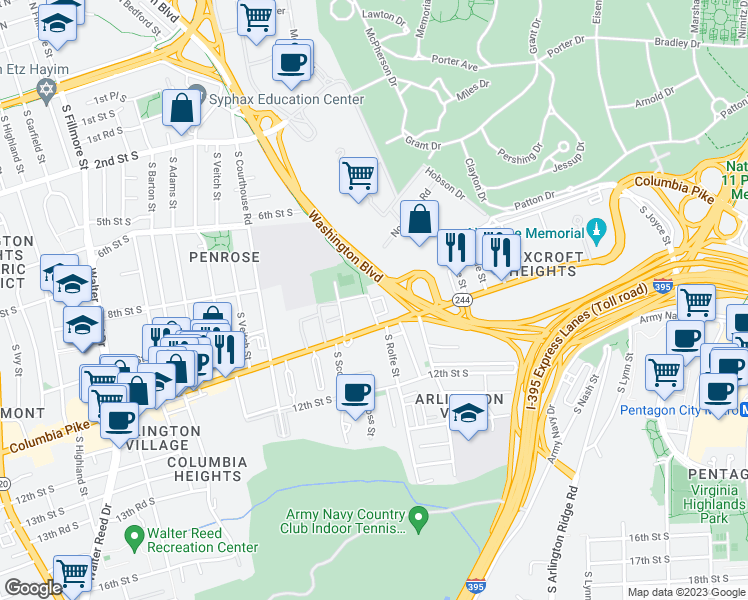 map of restaurants, bars, coffee shops, grocery stores, and more near 921 South Rolfe Street in Arlington