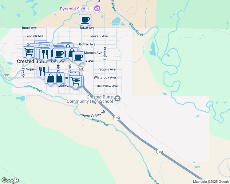 map of restaurants, bars, coffee shops, grocery stores, and more near 914 Belleview Avenue in Crested Butte