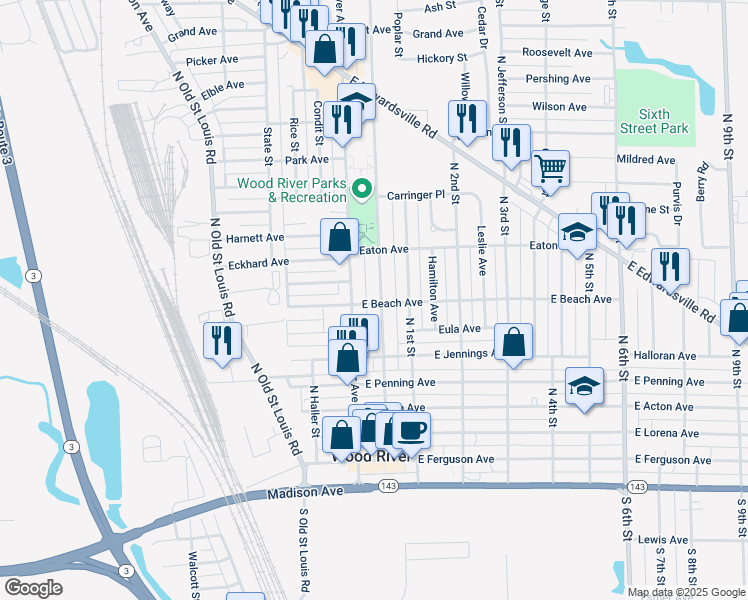 map of restaurants, bars, coffee shops, grocery stores, and more near 510 North Whitelaw Avenue in Wood River
